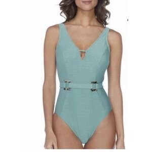 Ambrielle Women's Blue Textured Belted Plunge One Piece Swimsuit Sz XL NWT $89